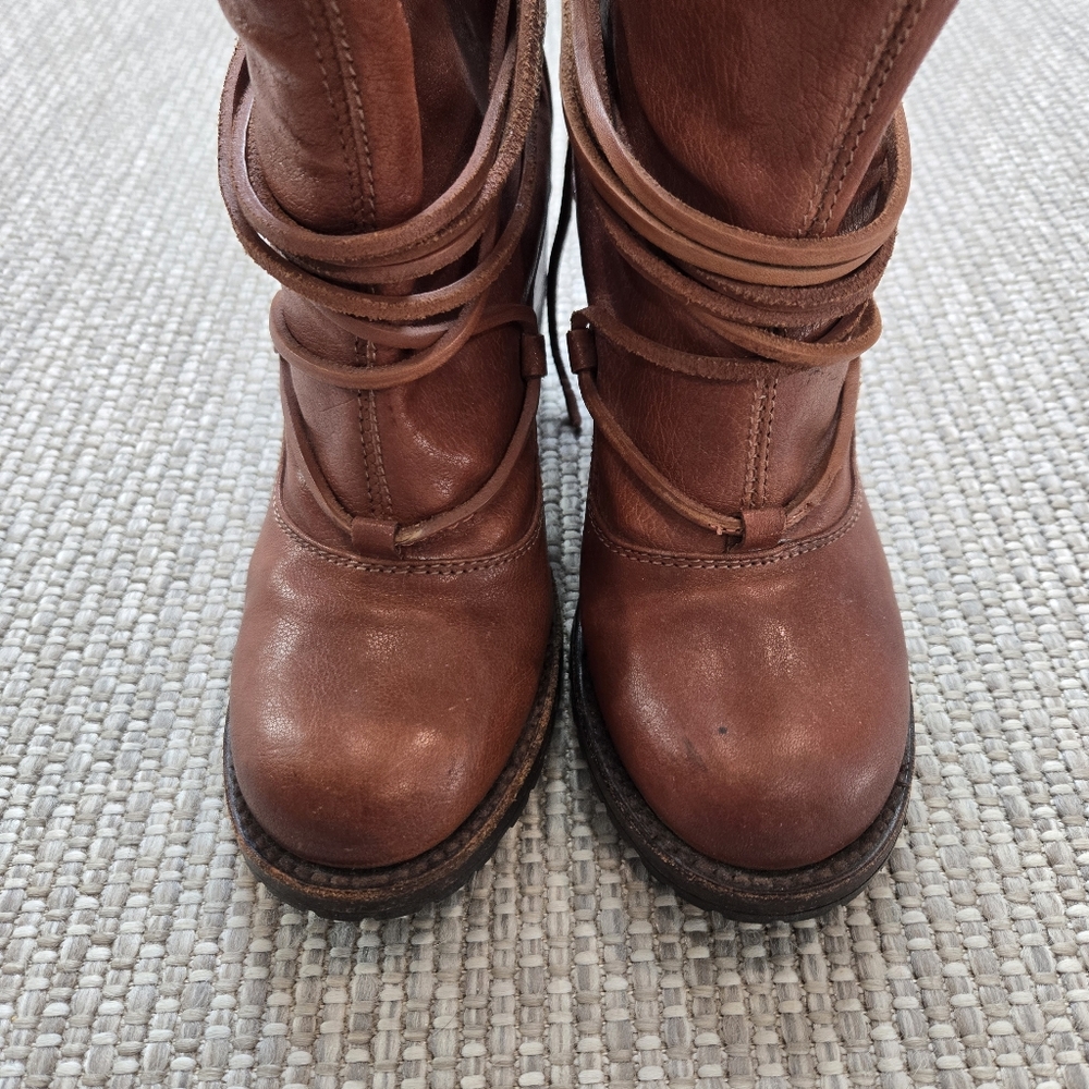 Freebird Jumpn Cognac Brown Leather Tie Heeled Ankle Bootie size 8 - Picture 4 of 15